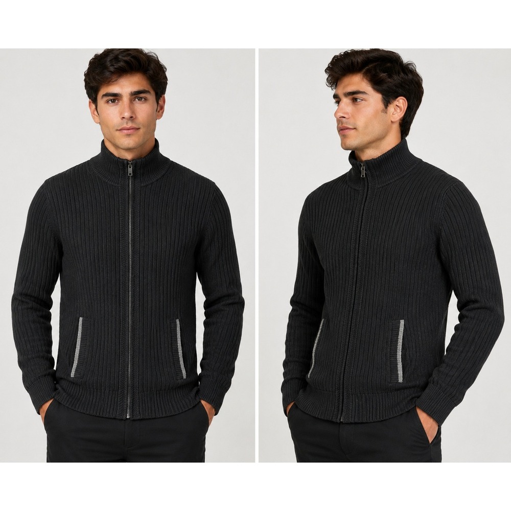 Alfani Mens Full Zip Ribbed Cardigan Sweater Black Mock Neck Cotton Small